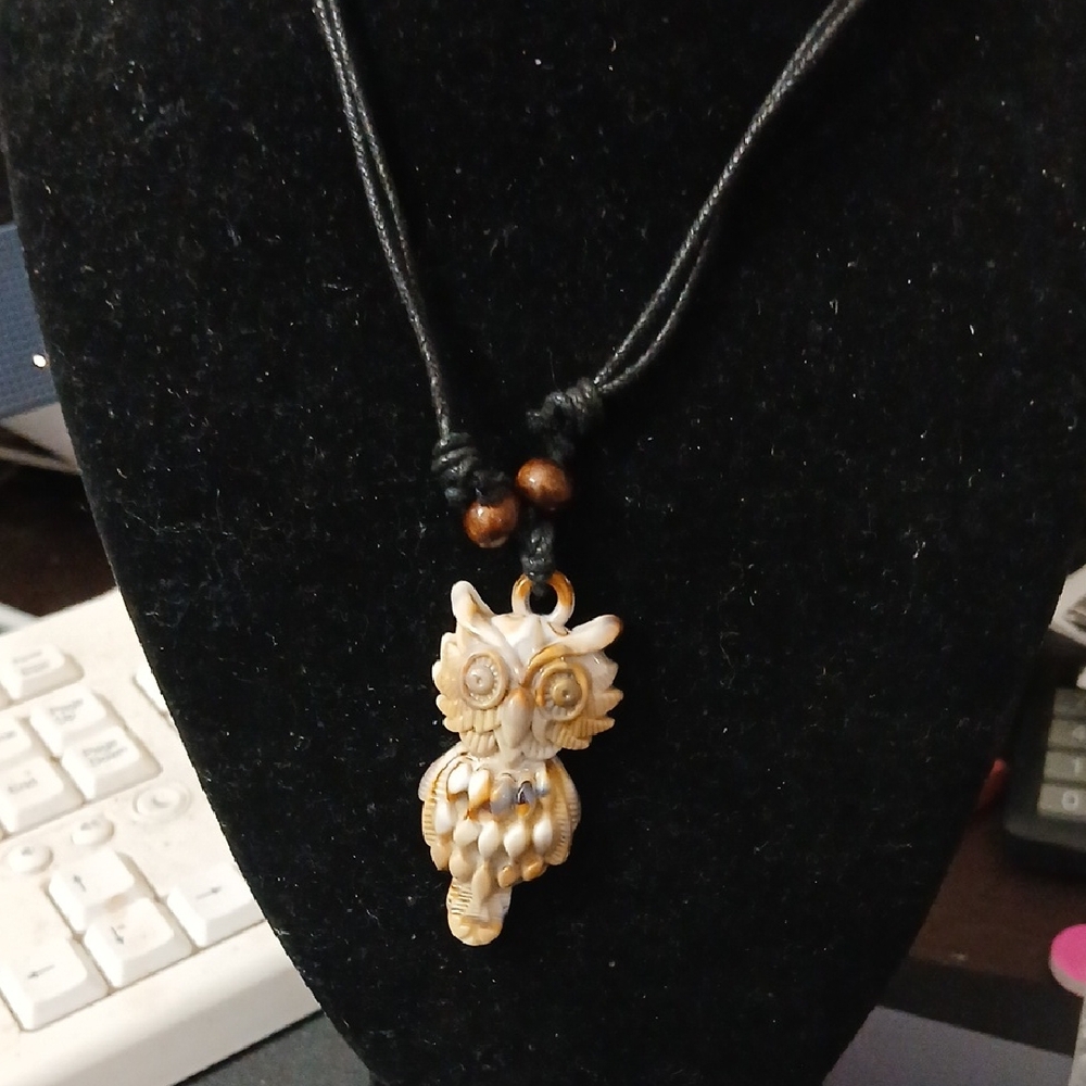 Hand Craved Owl Pendant Necklace with Black Cord